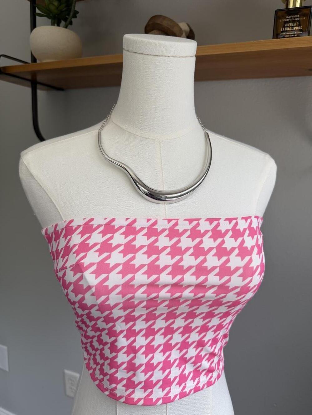 Edikted Pink Houndstooth Strapless Tube Top NWT Size Small Y2K Coquette